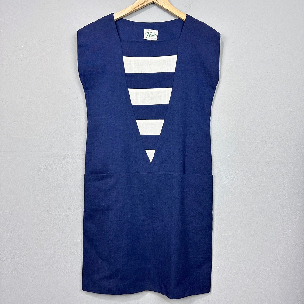 Vintage Shift Dress Women Size L Navy Blue Nautical V-Neck Striped Drop Waist